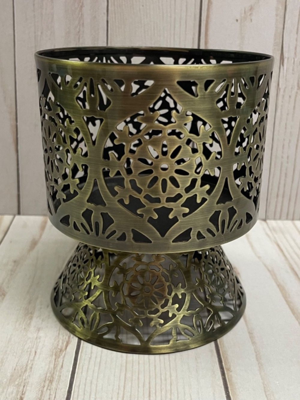 Bath & Body Works Large 3 Wick Jar Candle Brass Openwork Metal Pedestal Holder